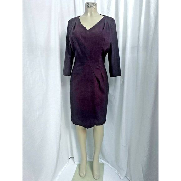 $498 LaVia 18 Purple Brown Chambray Wool Stretch Sheath Dress  Size42 US 8 #995 - Picture 1 of 16